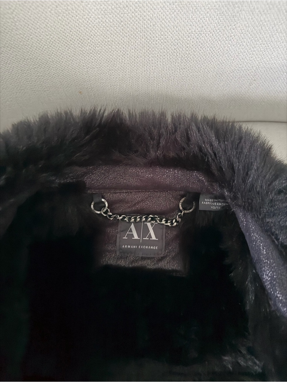 Armani Exchange Black Faux Fur-Trim Coat with Chain Detail